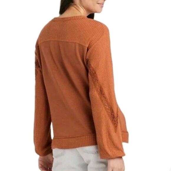 Knox Rose Lace Waffle Knit Thermal Top Med Burnt Orange Long Sleeve Sweater NWT - Picture 5 of 12